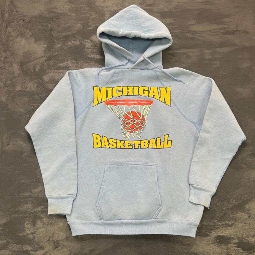 Vintage University Of Michigan Basketball Hoodie Men's Large Blue 1980s
